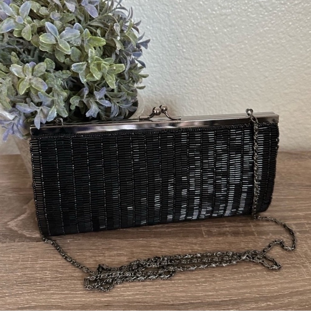 Carlo Fellini Vintage Black Sequined/Beaded Evening Bag w/Chain strap